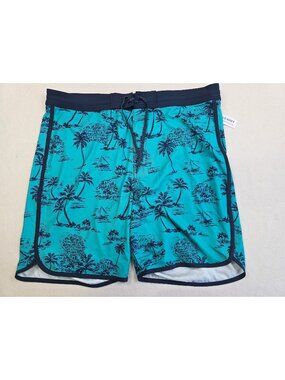 NWT Old Navy Mens 42 Tall Swim Trunks Blue Tropical Print